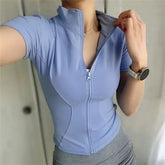 Women’s Slim Fit Yoga Top - Full Zip Stand Collar Short Sleeve Workout Shirt & Running Jacket
