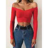 Sexy Off-Shoulder Long Sleeve T-Shirt - Women’s Club Fashion Solid Basic Tee for Autumn