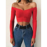 Off Shoulder Long Sleeve Club Fashion Female Knitted T-Shirt