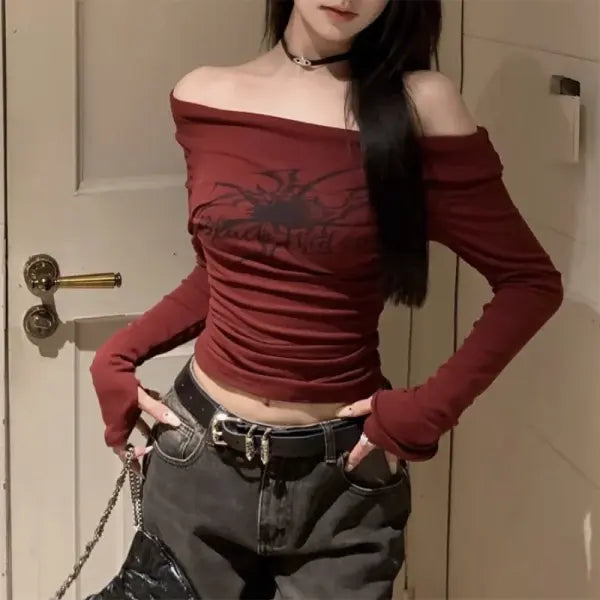 Women Y2K Gothic Fairy Tale Pattern Off Shoulder Grunge Top