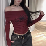 Women Y2K Gothic Fairy Tale Pattern Off Shoulder Grunge Top