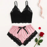 Women’s 2 Piece Sexy Lace Pajama Set See-Through Bralette Cami Top and Shorts Breathable Sleepwear Plus Size Summer
