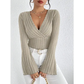Women’s Fall and Winter Long-sleeved Tops V-neck Sexy Slim Striped Women’s Tops Long-sleeved T-shirt Knitted Bottoming