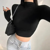 Women’s Ribbed Turtleneck Long Sleeve Crop Top - Sexy Slim Fit Basic Knit Cropped T-Shirt - Black / XL