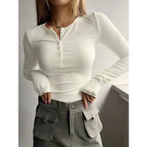 Women’s Ribbed Half-Button Front Tee - Fashionable Slim Fit Long Sleeve Round Neck T-Shirt