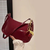 Women’s PU Leather Handbag Versatile Fashion Solid Color Cherry Pendant Shoulder Bag Casual Commuting Bag Girl Underarm