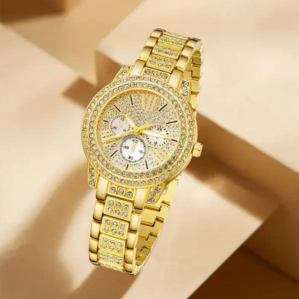 Elegant Women Quartz Watch with Alloy Band Buckle Jewelry Set - Gold