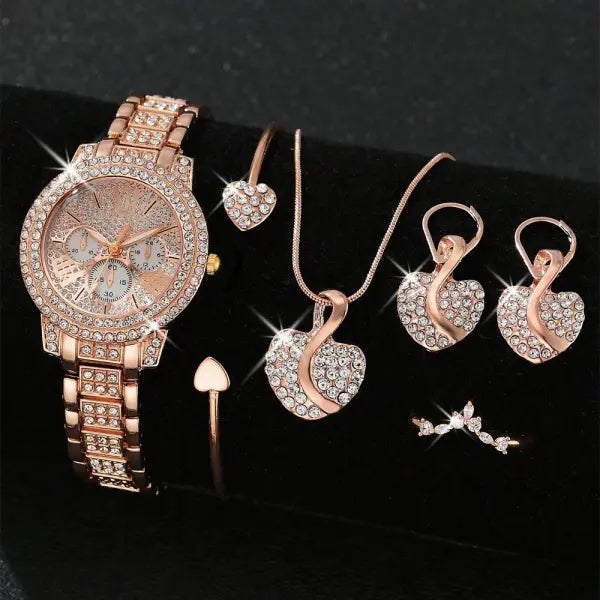 Elegant Women Quartz Watch with Alloy Band Buckle Jewelry Set - Gold