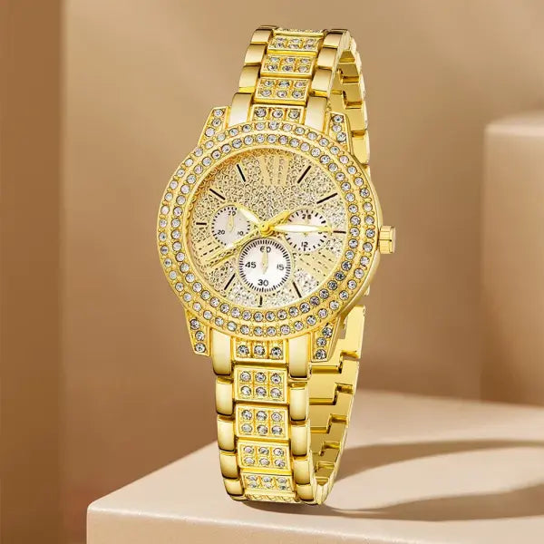 Elegant Women Quartz Watch with Alloy Band Buckle Jewelry Set - Gold