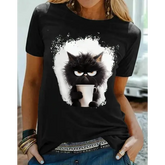 Women’s Funny Cat Print T-Shirt - Black Summer Graphic Tee for Daily Wear & Weekend Fashion