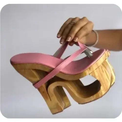 Wooden Heel Flip Flop Slippers Pink Leather 8cm Block Heel Runway Style - Pink / 35