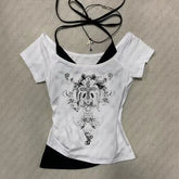 Y2K Aesthetic Pattern Vintage Basic Tee - Retro Graphic Short Sleeve Top for Women Millennium Style - White 01 / S