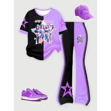 Y2K Flare Pants Girls Outfit Black Purple Graphic Tee