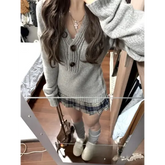 Y2K Gray V-Neck Sweater for Women – Autumn Winter Slim Fit Knitted Pullover - GRAY / XL