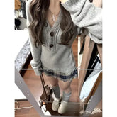 Y2K Gray V-Neck Sweater for Women – Autumn Winter Slim Fit Knitted Pullover - GRAY / XL