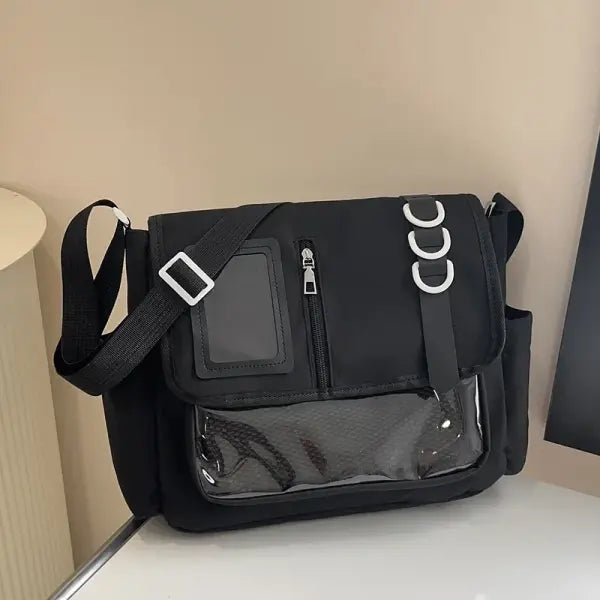 Y2K Japanese transparent itabag shoulder bag with DIY badge display - Black