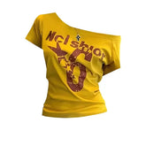 Y2K Sporty Off-Shoulder Crop Top - Sexy Vintage 2000s Short Sleeve Tee & Casual Body Top - Yellow / S