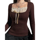 Y2k Women Long Sleeve Knitted Tops O Neck Regular Fit Tee