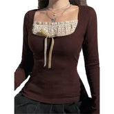 Women’s Y2K Long Sleeve Knitted Top – O-Neck Regular Fit Casual Tee