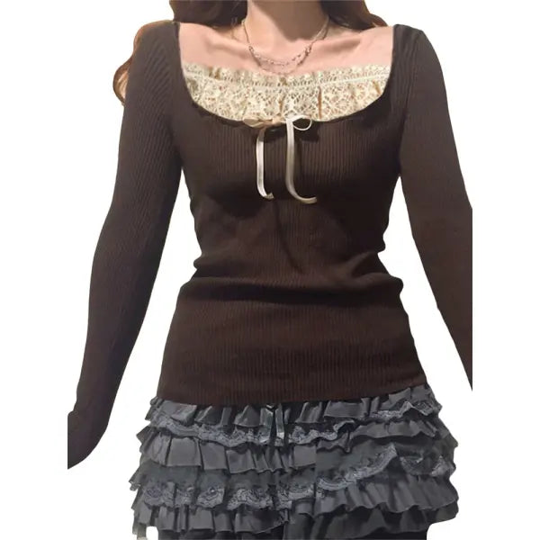 Women’s Y2K Long Sleeve Knitted Top – O-Neck Regular Fit Casual Tee