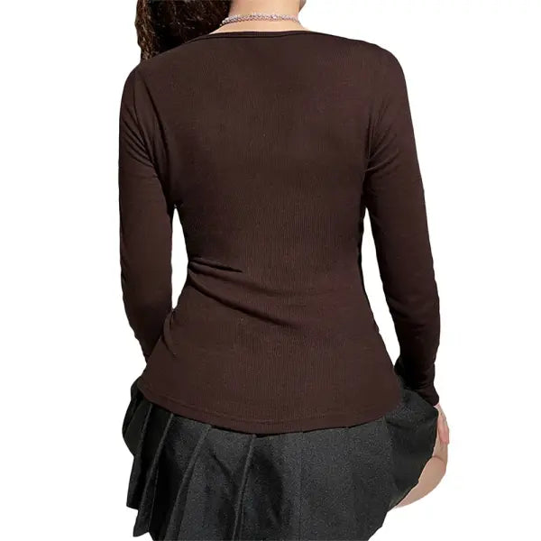 Women’s Y2K Long Sleeve Knitted Top – O-Neck Regular Fit Casual Tee