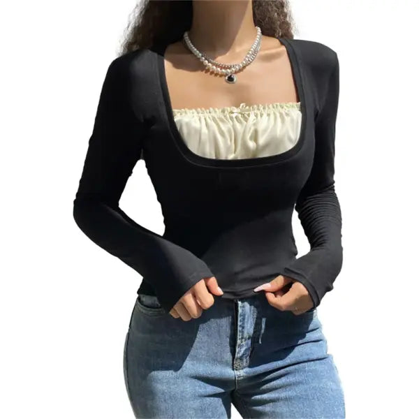 Women’s Y2K Long Sleeve Knitted Top – O-Neck Regular Fit Casual Tee - Black / S