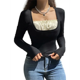 Y2k Women Long Sleeve Knitted Tops O Neck Regular Fit Tee - Black / L