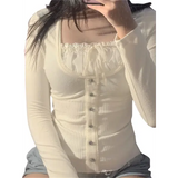 Y2k Women Long Sleeve Knitted Tops O Neck Regular Fit Tee - Beige / L