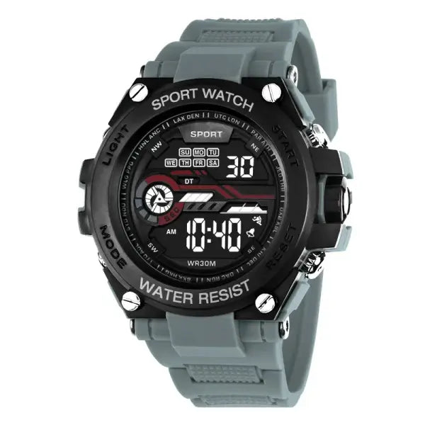Men s Sports Watch LED Digital Alarm Clock Waterproof Silicone - Gray