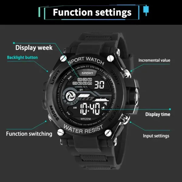 Men s Sports Watch LED Digital Alarm Clock Waterproof Silicone