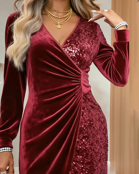 Elegant Sequins Design Long Sleeve Party Dress Women Sexy V Neck Bodycon Dresses For Women Evening Dress Christmas