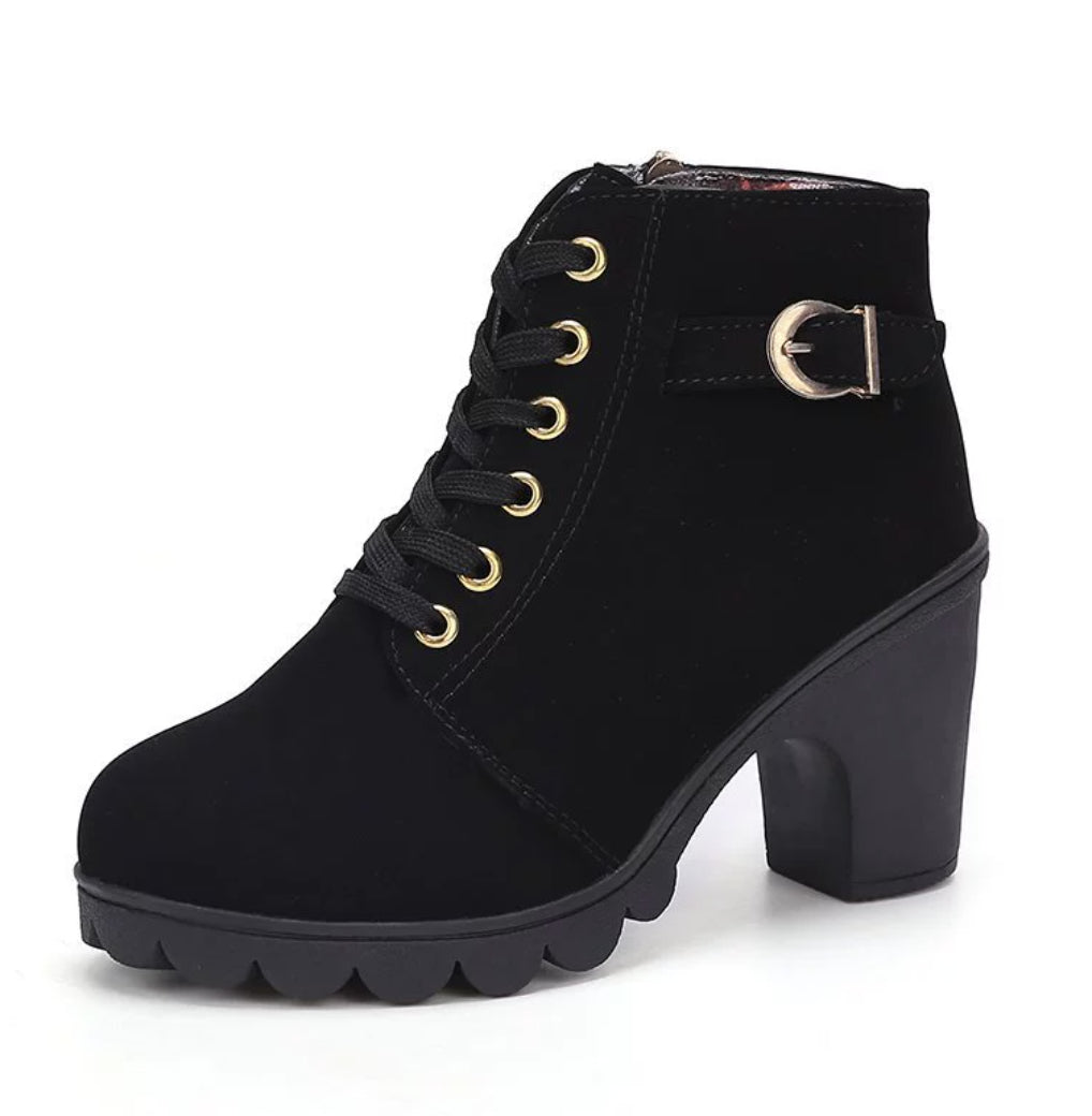 Fashoin Leopard Print Ankle Square Heel Suede Lace-up Zip Boots Women Casual Versatile Shoes Autumn And Winter - Black