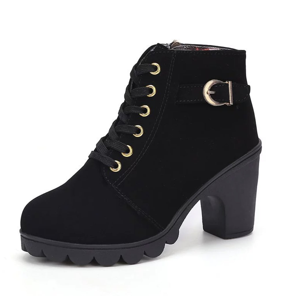 Fashoin Leopard Print Ankle Square Heel Suede Lace-up Zip Boots Women Casual Versatile Shoes Autumn And Winter - Black