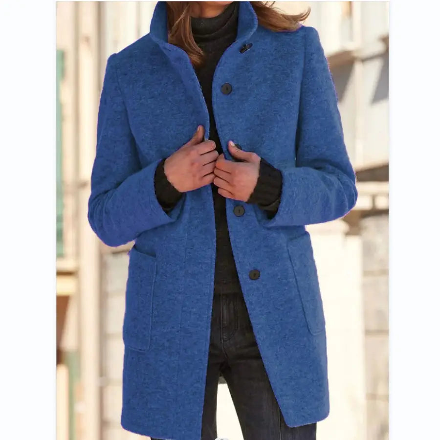 Fashion Stand Collar Woolen Coat with Pockets – Casual Button Outwear for Women