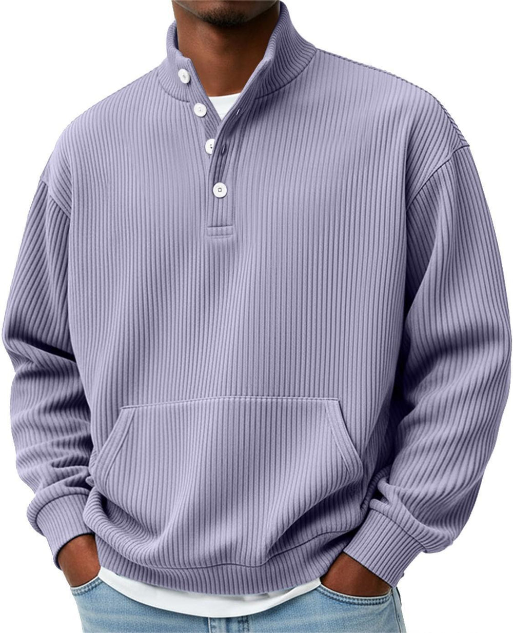 Mens Solid-Color Turtleneck Casual Long-Sleeve Polo Sweatshirt With Pockets For Men Spring Autumn Clothing Loose Button
