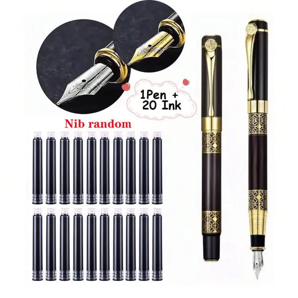 Metal Fountain Pen Stainless Steel Nib Replaceable Ink Retro Office Set - Black-Black ink / F