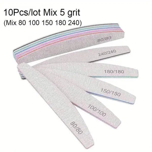 Professional Nail Files 1/3/5/10 Pack – 80/100/150/180/240 Grit Half-Moon Thick Sanding Manicure Tools - Mix 10PCS
