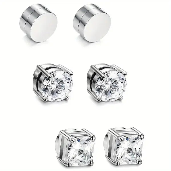 6MM Crystal Magnetic Stud Earrings – Non-Piercing Stainless Steel Punk Zircon 1–3 Pairs for Men
