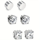 6MM Crystal Magnetic Stud Earrings – Non-Piercing Stainless Steel Punk Zircon 1–3 Pairs for Men