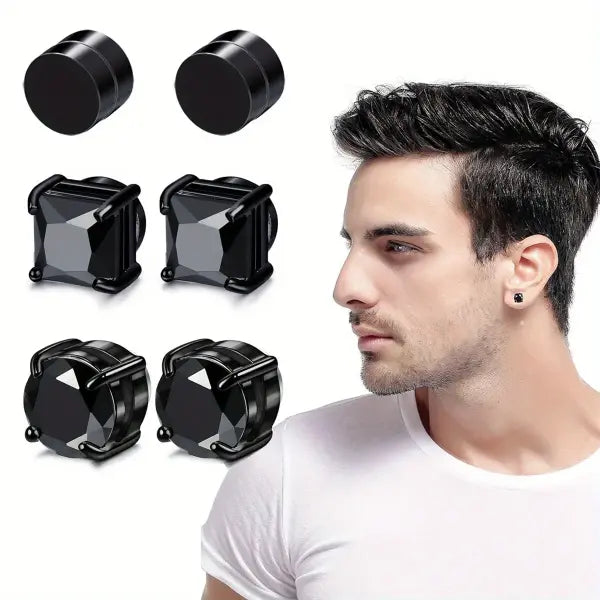 6MM Crystal Magnetic Stud Earrings – Non-Piercing Stainless Steel Punk Zircon 1–3 Pairs for Men