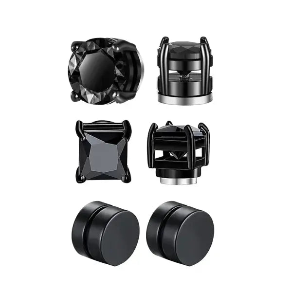 6MM Crystal Magnetic Stud Earrings – Non-Piercing Stainless Steel Punk Zircon 1–3 Pairs for Men - 3pc set