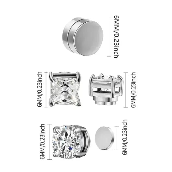 6MM Crystal Magnetic Stud Earrings – Non-Piercing Stainless Steel Punk Zircon 1–3 Pairs for Men