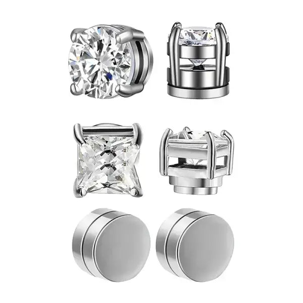 6MM Crystal Magnetic Stud Earrings – Non-Piercing Stainless Steel Punk Zircon 1–3 Pairs for Men - 3pc set