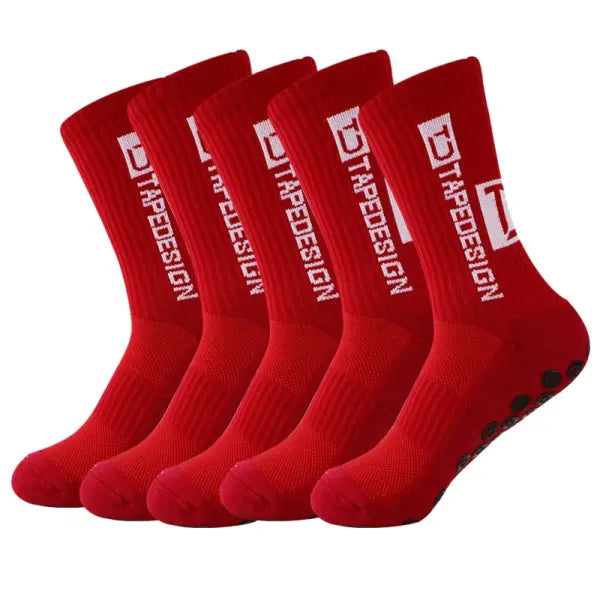 5 Pairs of Non Slip Soccer Socks with Middle Tube Height for Men - RA064-RedX5