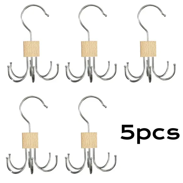 1/5pcs 360° Rotating Closet Hanger: Wooden Multi-Claw Hook for Bags Belts Ties & Bras - Wood color 5pcs