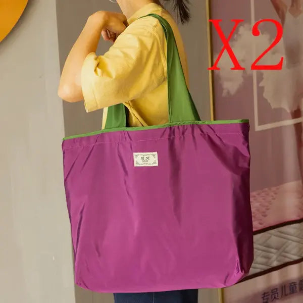 Large Capacity Foldable Reusable Shopping Bag with Drawstring - Purple-Large-2pcs / As Show