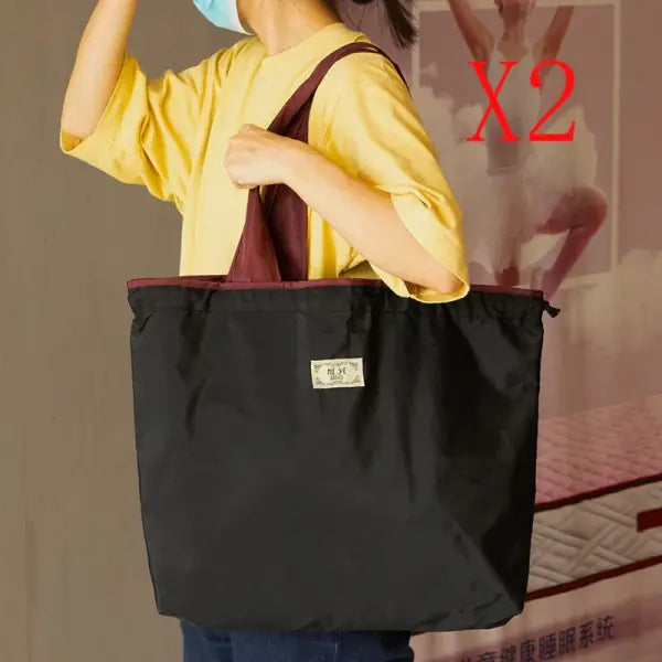 Large Capacity Foldable Reusable Shopping Bag with Drawstring - Black-Large-2pcs / As Show