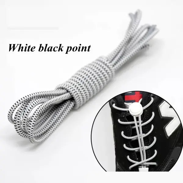 1 Pair No-Tie Elastic Shoelaces: Round Locking Lazy Laces for Kids Adults & Athletes - White black point / 100cm / CHINA