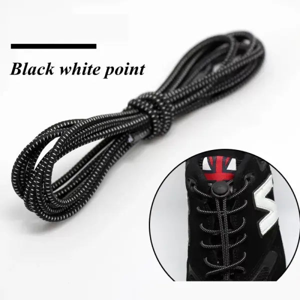 1 Pair No-Tie Elastic Shoelaces: Round Locking Lazy Laces for Kids Adults & Athletes - Black white point / 100cm / CHINA