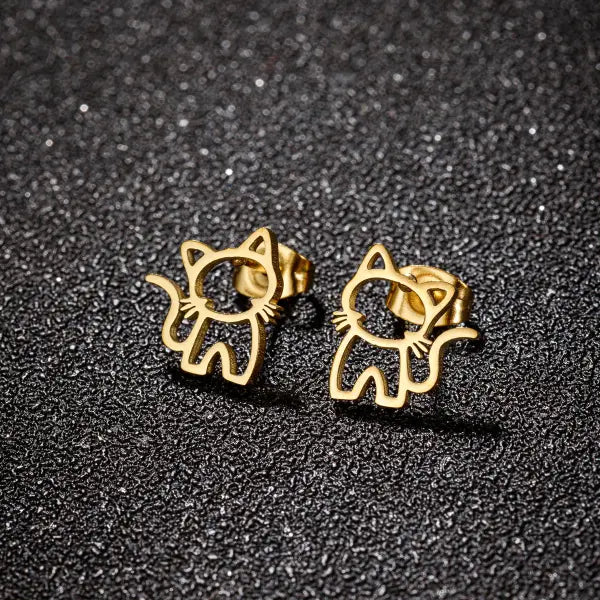 Cute Cat Stainless Steel Stud Earrings – Small Punk Ear Studs for Men & Women Trendy Fashion Gift - GED690G